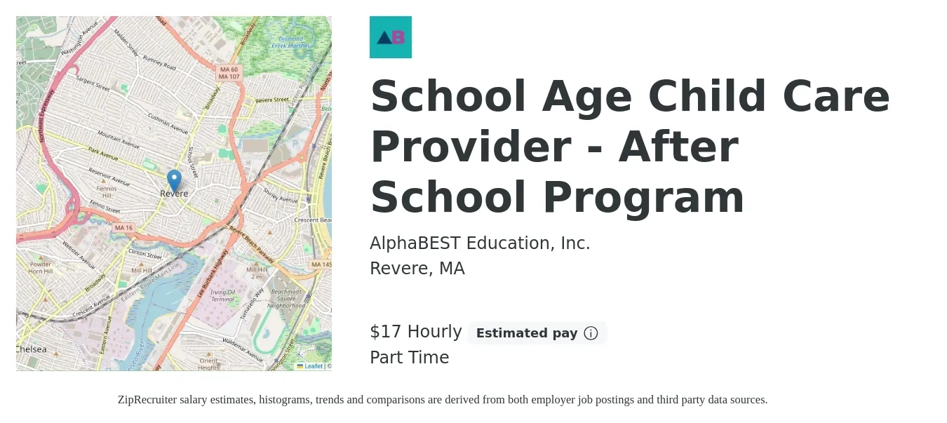 AlphaBEST Education, Inc. job posting for a School Age Child Care Provider - After School Program in Revere, MA with a salary of $18 Hourly with a map of Revere location.