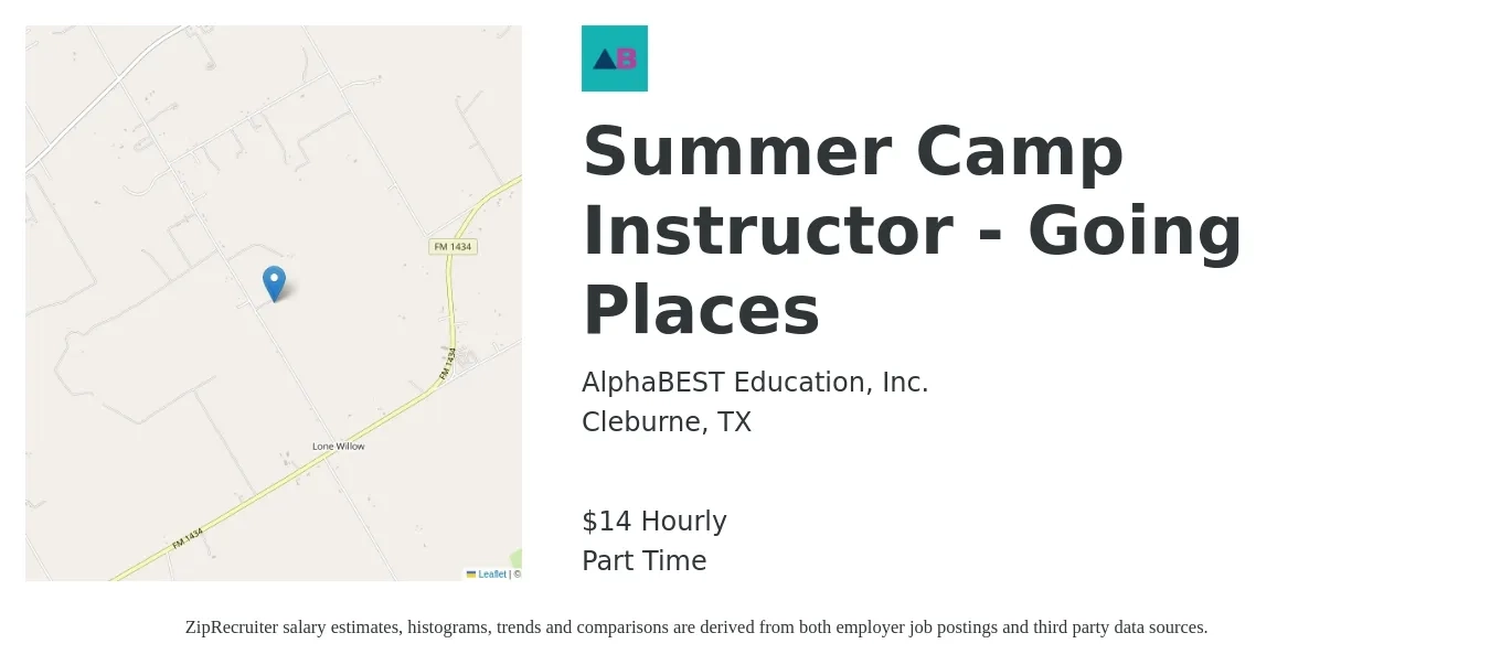 AlphaBEST Education, Inc. job posting for a Summer Camp Instructor - Going Places in Cleburne, TX with a salary of $15 Hourly with a map of Cleburne location.