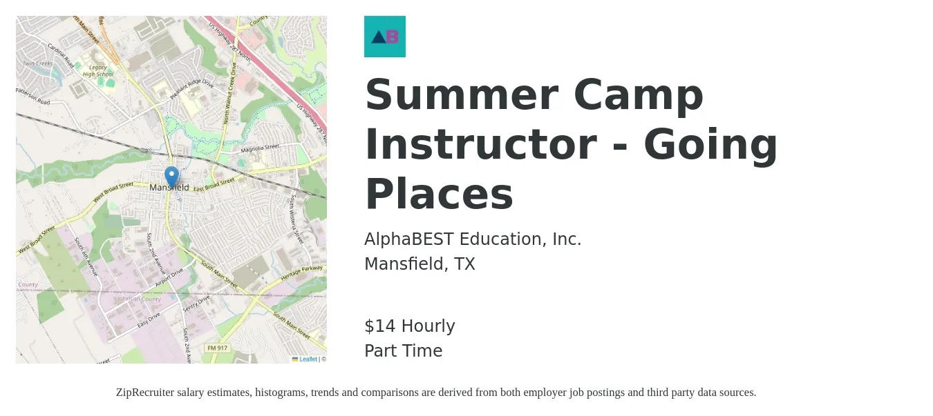 AlphaBEST Education, Inc. job posting for a Summer Camp Instructor - Going Places in Mansfield, TX with a salary of $15 Hourly with a map of Mansfield location.