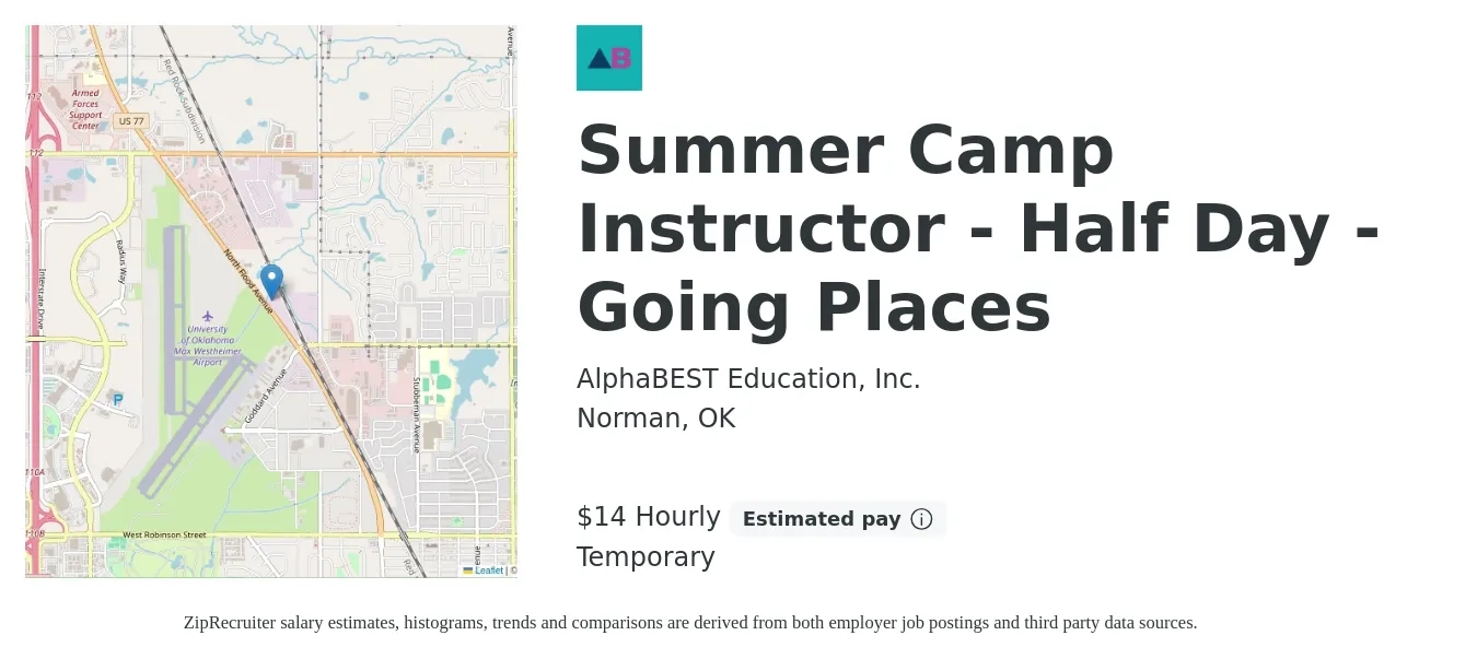 AlphaBEST Education, Inc. job posting for a Summer Camp Instructor - Half Day - Going Places in Norman, OK with a salary of $15 Hourly with a map of Norman location.