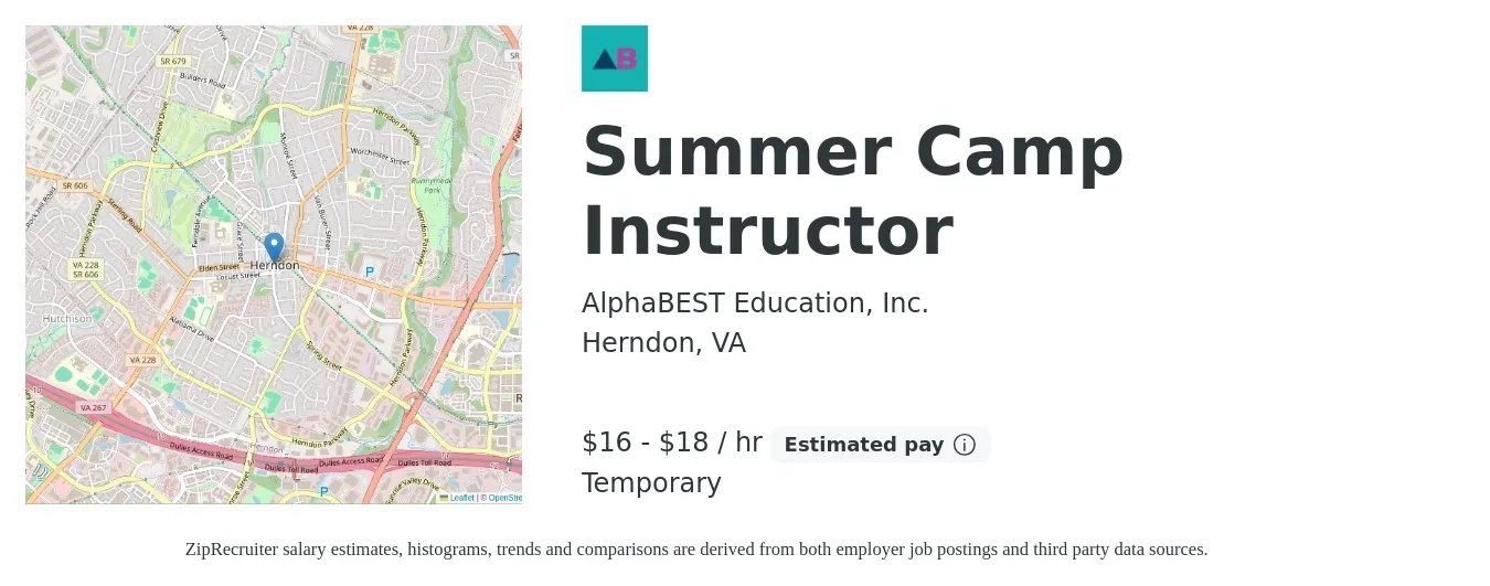 AlphaBEST Education, Inc. job posting for a Summer Camp Instructor in Herndon, VA with a salary of $17 to $19 Hourly with a map of Herndon location.