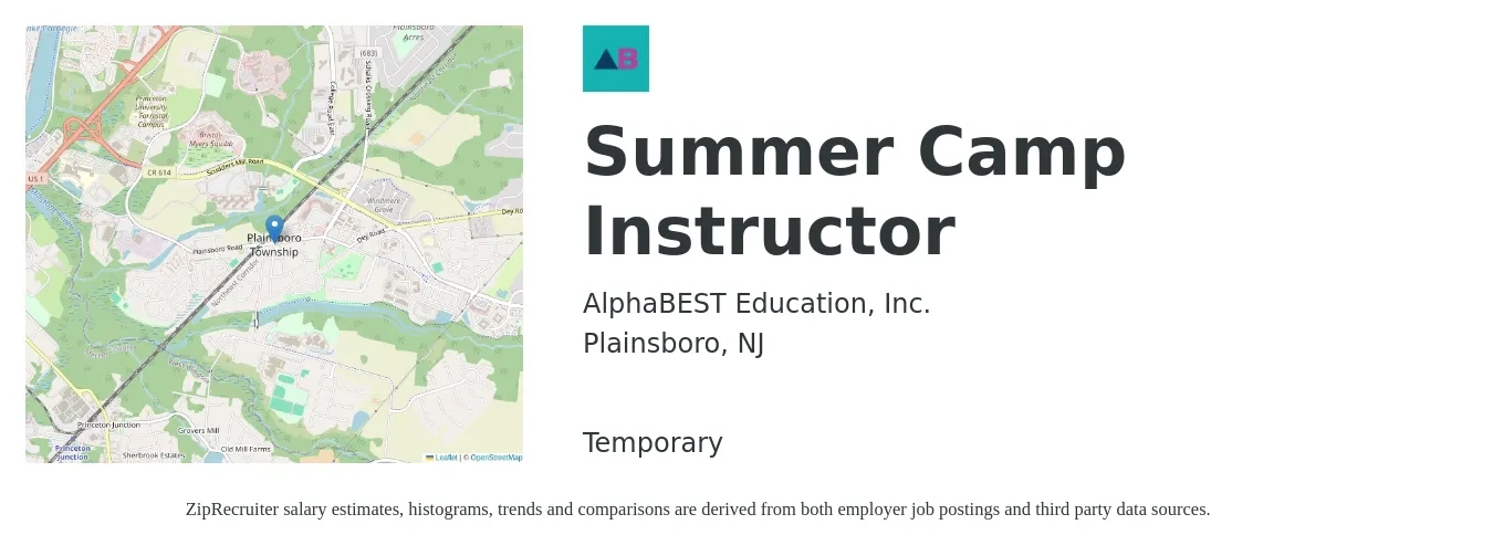 AlphaBEST Education, Inc. job posting for a Summer Camp Instructor in Plainsboro, NJ with a salary of $14 to $19 Hourly with a map of Plainsboro location.
