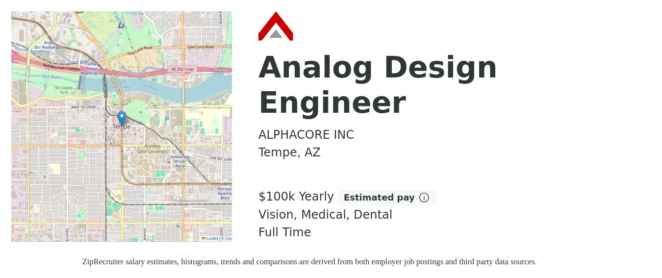 ALPHACORE INC job posting for a Analog Design Engineer in Tempe, AZ with a salary of $100,000 Yearly and benefits including medical, vision, and dental with a map of Tempe location.