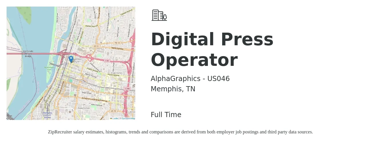 AlphaGraphics - US046 job posting for a Digital Press Operator in Memphis, TN with a salary of $16 to $21 Hourly with a map of Memphis location.