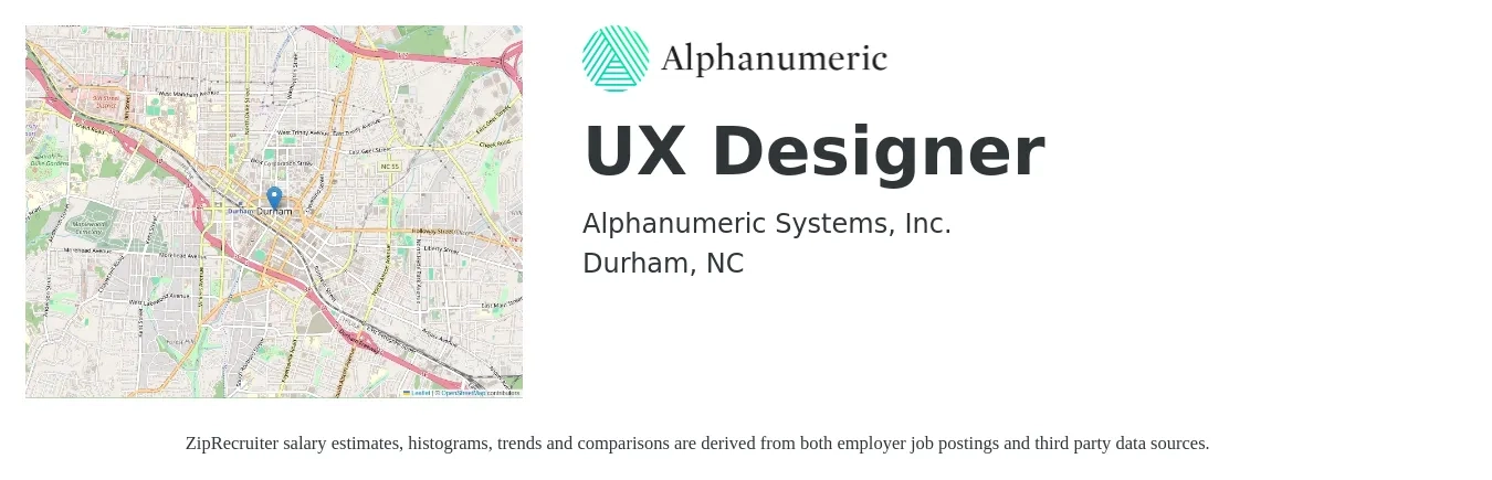Alphanumeric Systems job posting for a UX Designer in Durham, NC with a salary of $82,500 to $113,300 Yearly with a map of Durham location.