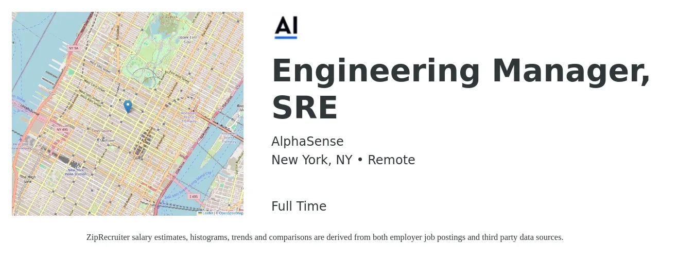 AlphaSense job posting for a Engineering Manager, SRE in New York, NY with a salary of $62 to $83 Hourly with a map of New York location.