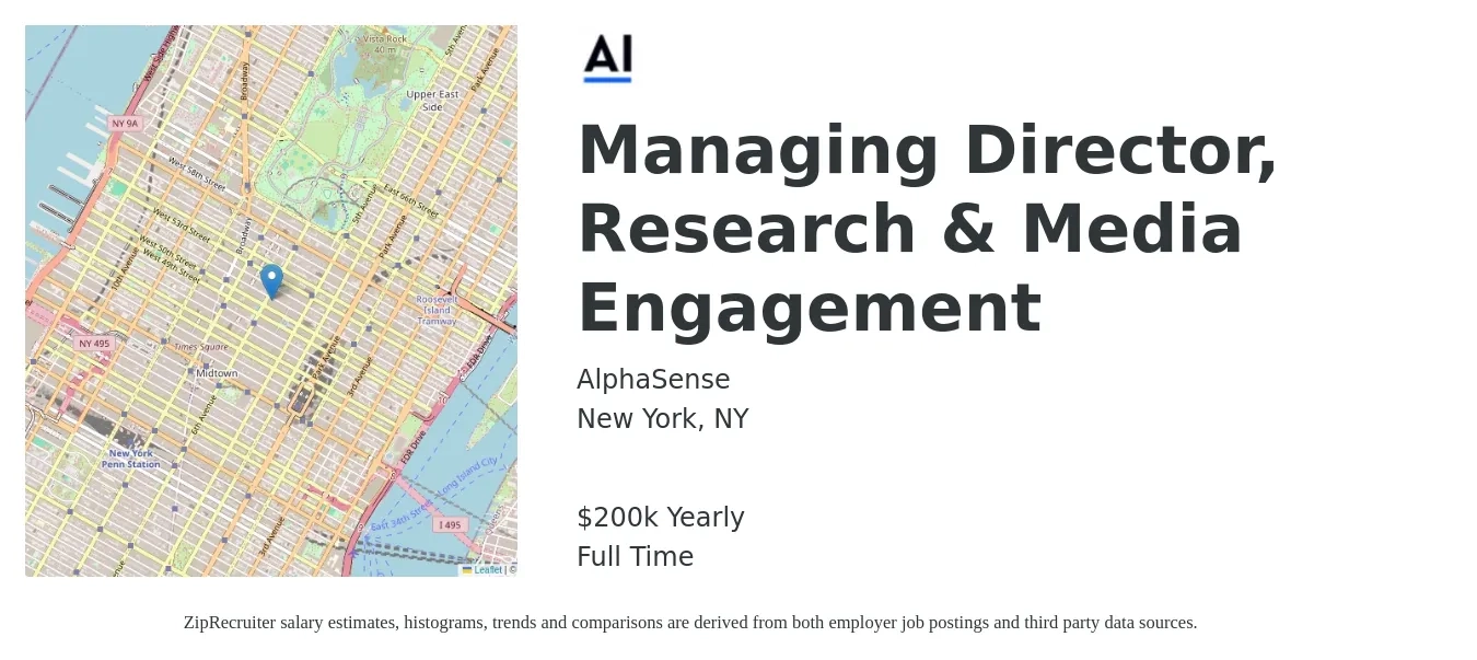 AlphaSense job posting for a Managing Director, Research & Media Engagement in New York, NY with a salary of $200,000 Yearly with a map of New York location.