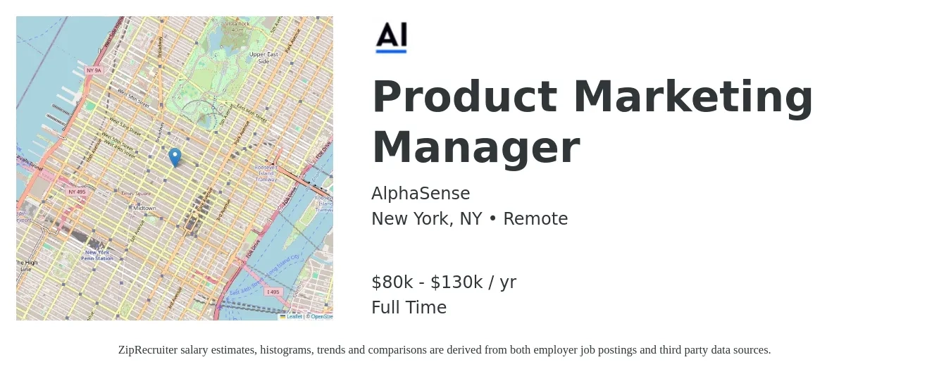 AlphaSense job posting for a Product Marketing Manager in New York, NY with a salary of $80,000 to $130,000 Yearly with a map of New York location.