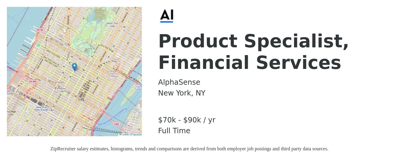 AlphaSense job posting for a Product Specialist, Financial Services in New York, NY with a salary of $70,000 to $90,000 Yearly with a map of New York location.