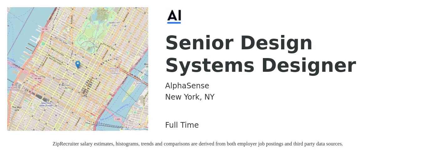 AlphaSense job posting for a Senior Design Systems Designer in New York, NY with a salary of $111,600 to $119,200 Yearly with a map of New York location.