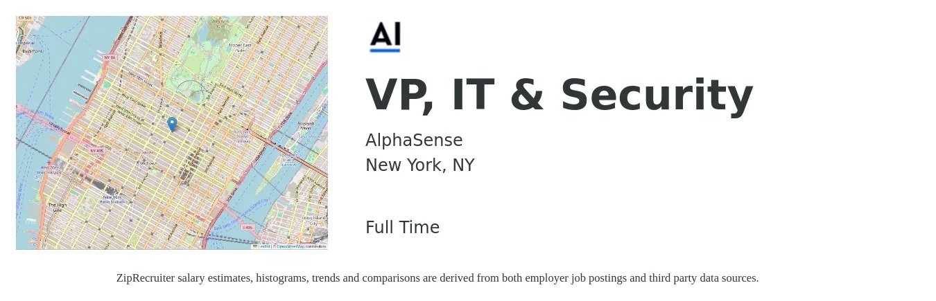AlphaSense job posting for a VP, IT & Security in New York, NY with a salary of $171,800 to $215,000 Yearly with a map of New York location.