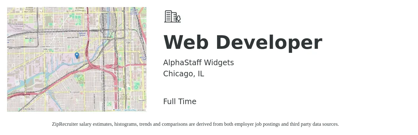 AlphaStaff Widgets job posting for a Web Developer in Chicago, IL with a salary of $37 to $58 Hourly with a map of Chicago location.