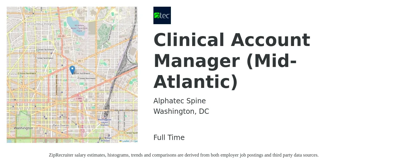 Alphatec Spine job posting for a Clinical Account Manager (Mid-Atlantic) in Washington, DC with a salary of $100,000 to $140,000 Yearly with a map of Washington location.