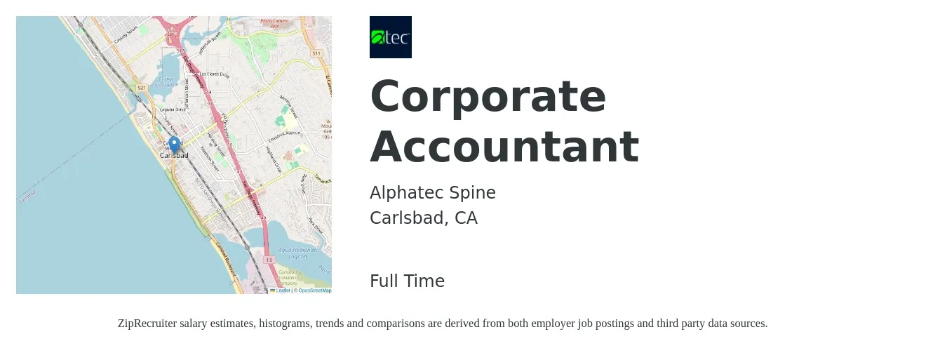 Alphatec Spine job posting for a Corporate Accountant in Carlsbad, CA with a salary of $70,000 to $80,000 Yearly with a map of Carlsbad location.