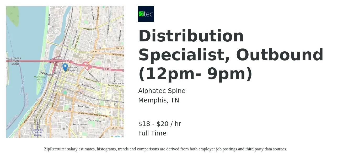 Alphatec Spine job posting for a Distribution Specialist, Outbound (12pm- 9pm) in Memphis, TN with a salary of $19 to $21 Hourly with a map of Memphis location.