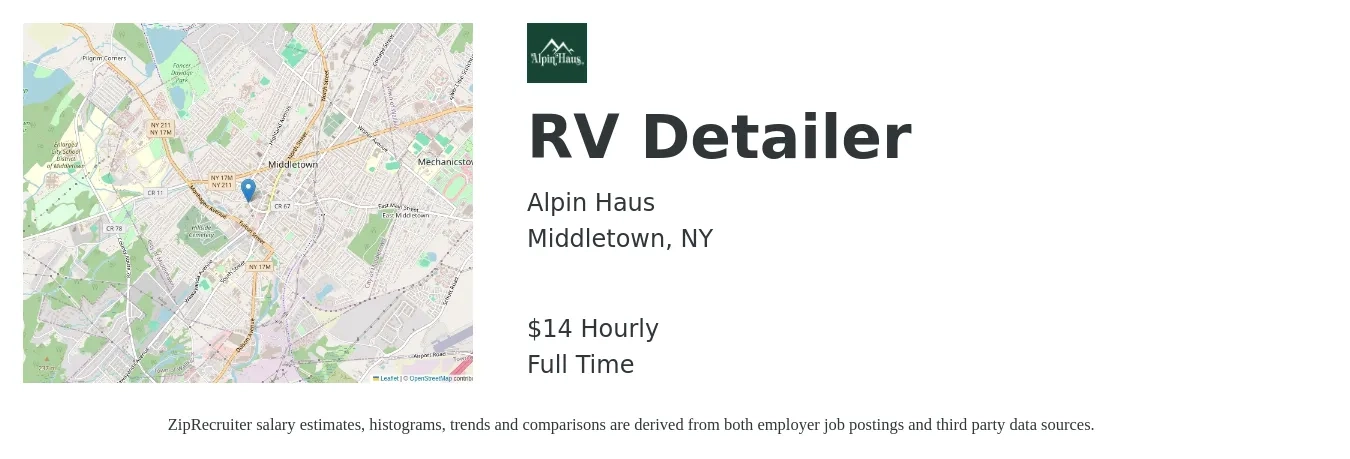 Alpin Haus job posting for a RV Detailer in Middletown, NY with a salary of $15 to $18 Hourly with a map of Middletown location.