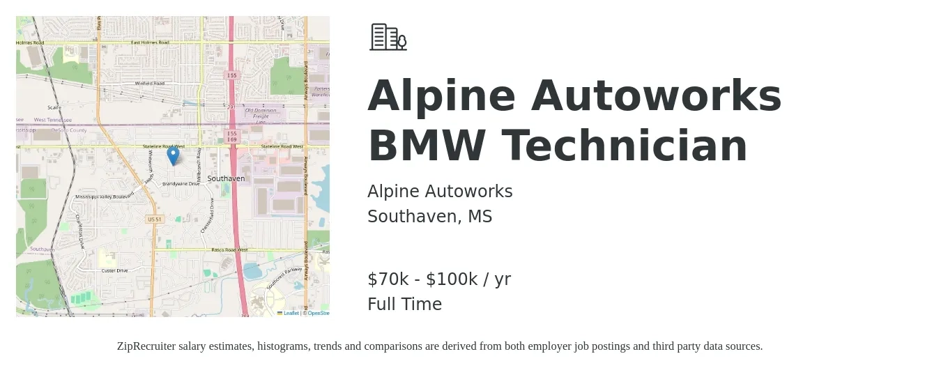 Alpine Autoworks job posting for a Alpine Autoworks BMW Technician in Southaven, MS with a salary of $70,000 to $100,000 Yearly with a map of Southaven location.