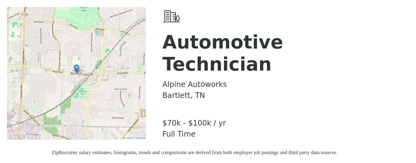 Alpine Autoworks job posting for a Automotive Technician in Bartlett, TN with a salary of $70,000 to $100,000 Yearly with a map of Bartlett location.