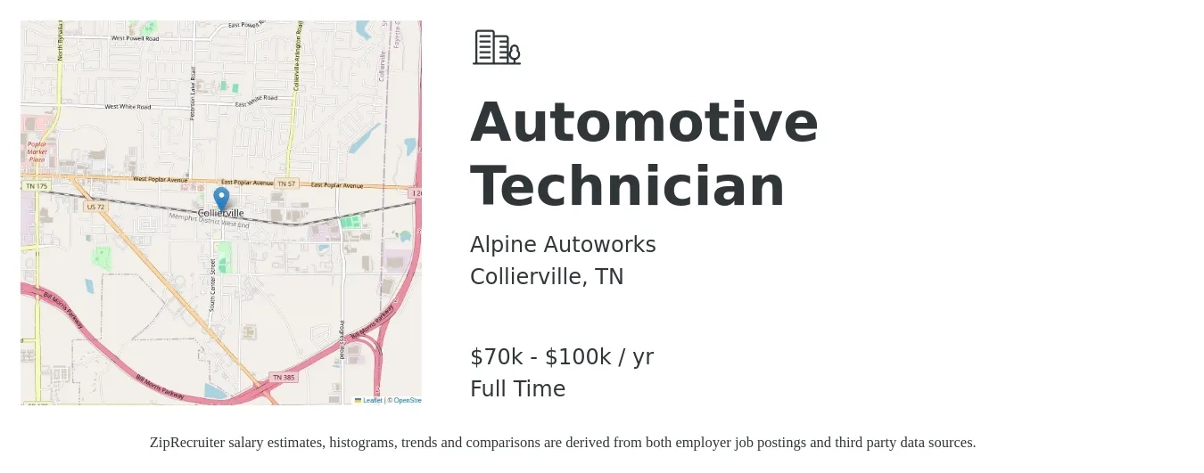 Alpine Autoworks job posting for a Automotive Technician in Collierville, TN with a salary of $70,000 to $100,000 Yearly with a map of Collierville location.