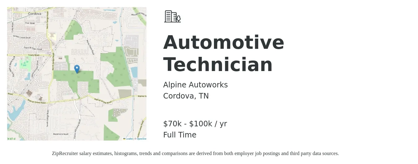 Alpine Autoworks job posting for a Automotive Technician in Cordova, TN with a salary of $70,000 to $100,000 Yearly with a map of Cordova location.