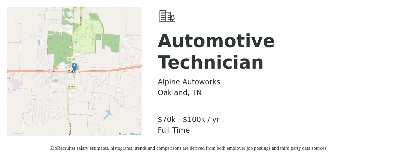 Alpine Autoworks job posting for a Automotive Technician in Oakland, TN with a salary of $70,000 to $100,000 Yearly with a map of Oakland location.