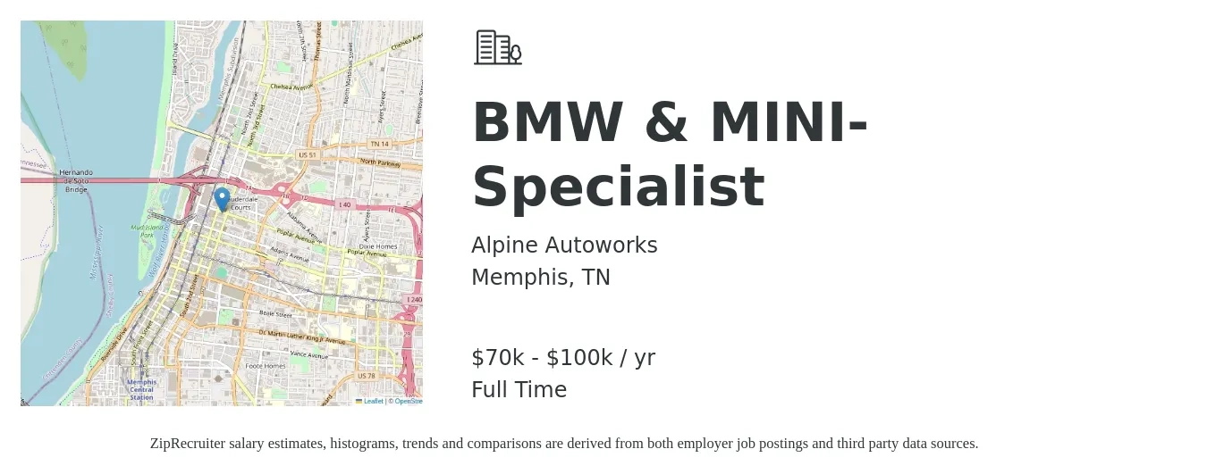 Alpine Autoworks job posting for a BMW & MINI- Specialist in Memphis, TN with a salary of $70,000 to $100,000 Yearly with a map of Memphis location.