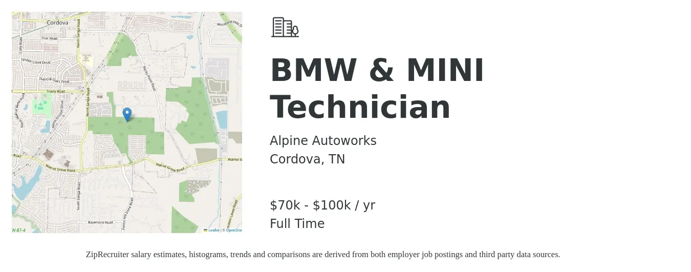 Alpine Autoworks job posting for a BMW & MINI Technician in Cordova, TN with a salary of $70,000 to $100,000 Yearly with a map of Cordova location.
