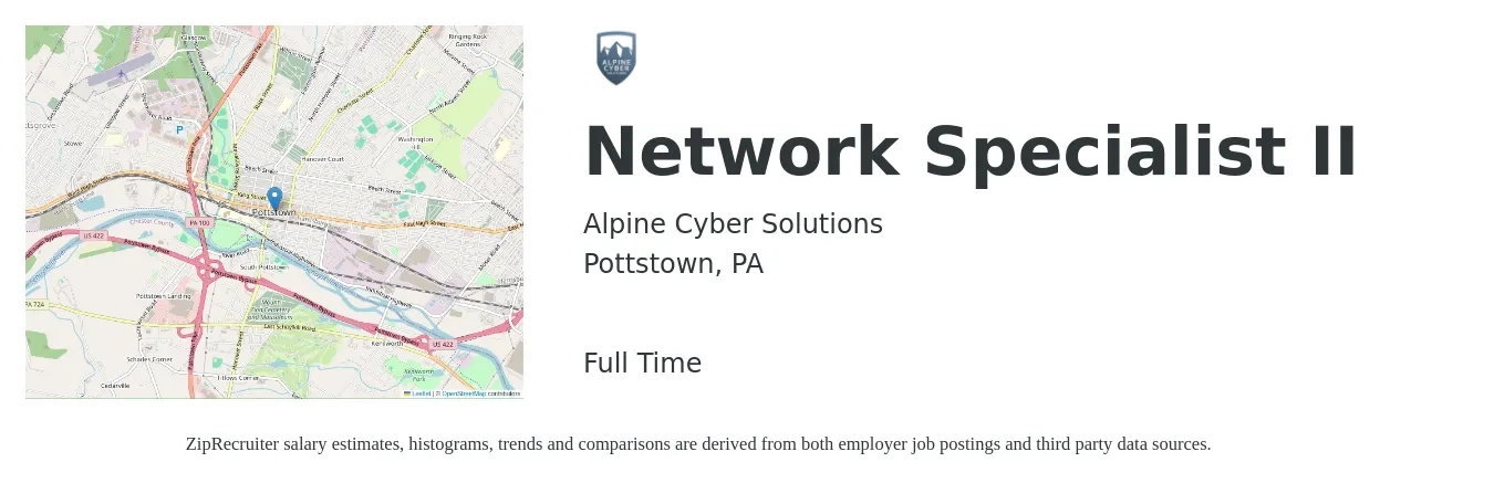 Alpine Cyber Solutions job posting for a Network Specialist II in Pottstown, PA with a salary of $45,000 to $60,000 Yearly with a map of Pottstown location.