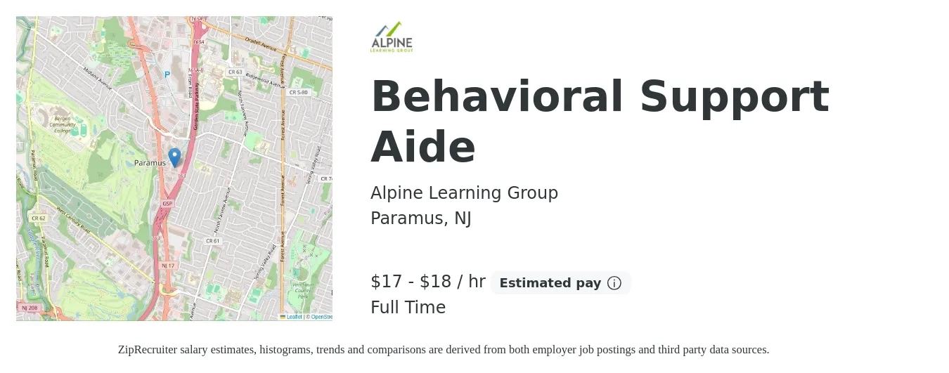 Alpine Learning Group job posting for a Behavioral Support Aide in Paramus, NJ with a salary of $18 to $19 Hourly with a map of Paramus location.