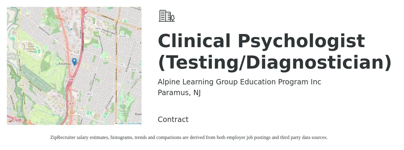 Alpine Learning Group Education Program Inc job posting for a Clinical Psychologist (Testing/Diagnostician) in Paramus, NJ with a salary of $89,600 to $123,500 Yearly with a map of Paramus location.