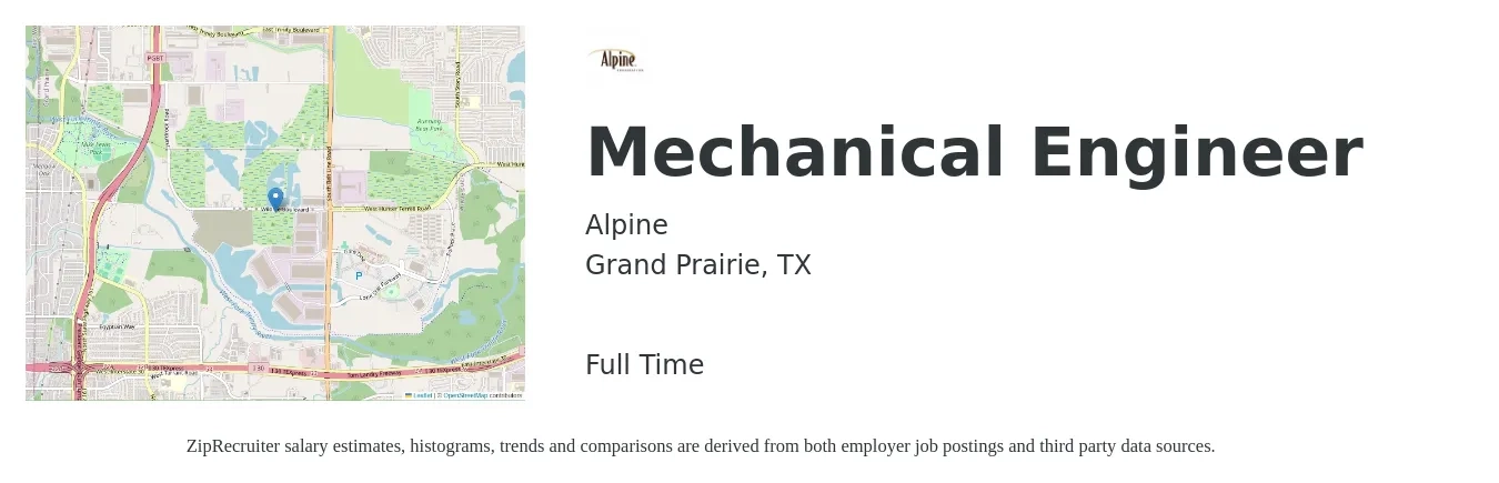 Alpine job posting for a Mechanical Engineer in Grand Prairie, TX with a salary of $77,200 to $119,900 Yearly with a map of Grand Prairie location.