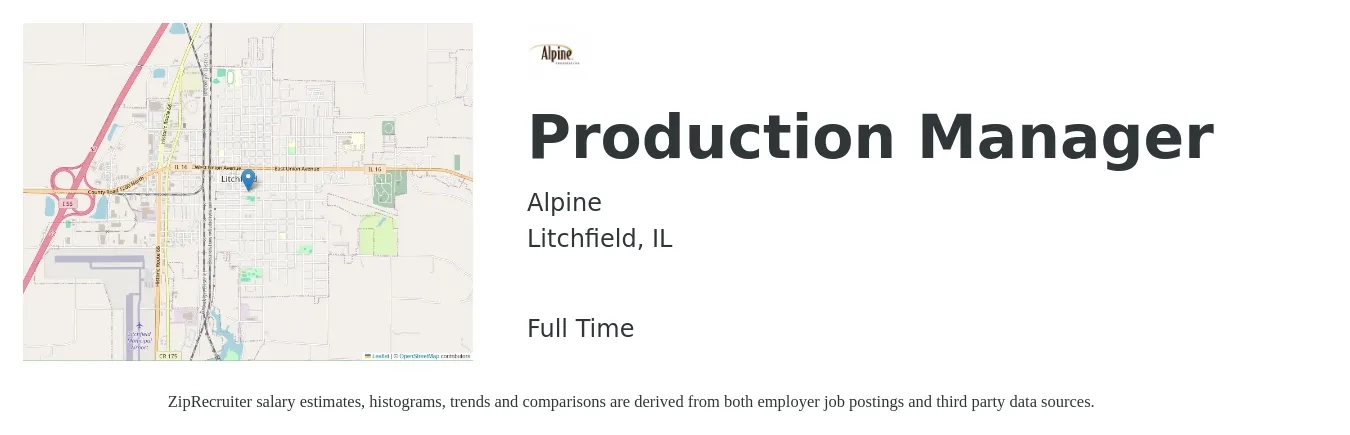 Alpine job posting for a Production Manager in Litchfield, IL with a salary of $49,700 to $71,400 Yearly with a map of Litchfield location.