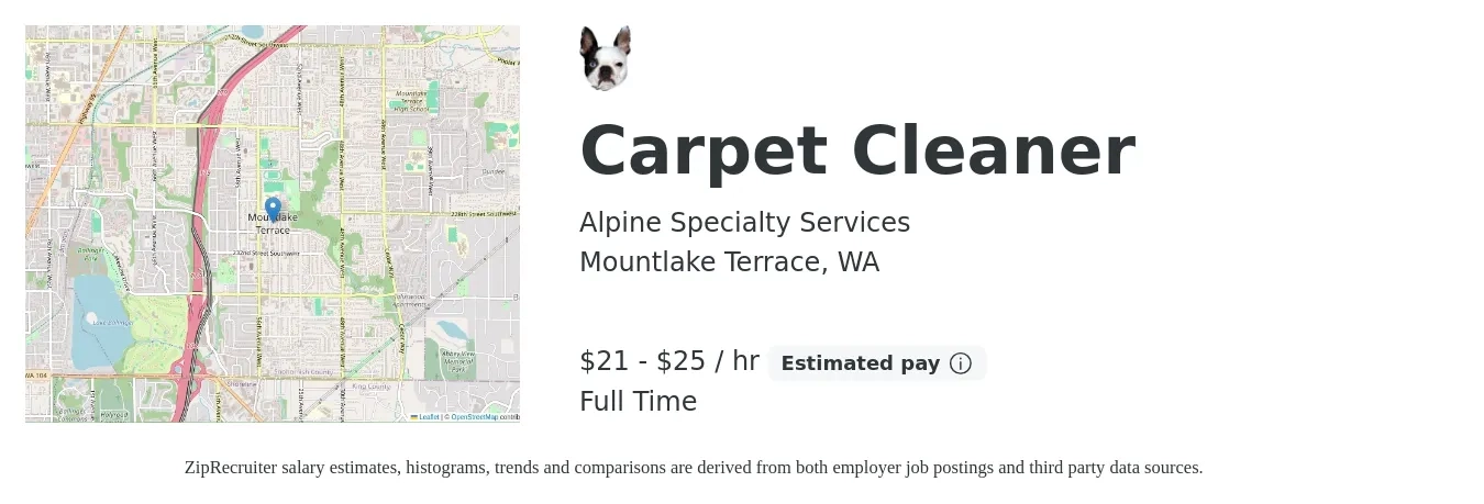 Alpine Specialty Services job posting for a Carpet Cleaner in Mountlake Terrace, WA with a salary of $22 to $27 Hourly with a map of Mountlake Terrace location.