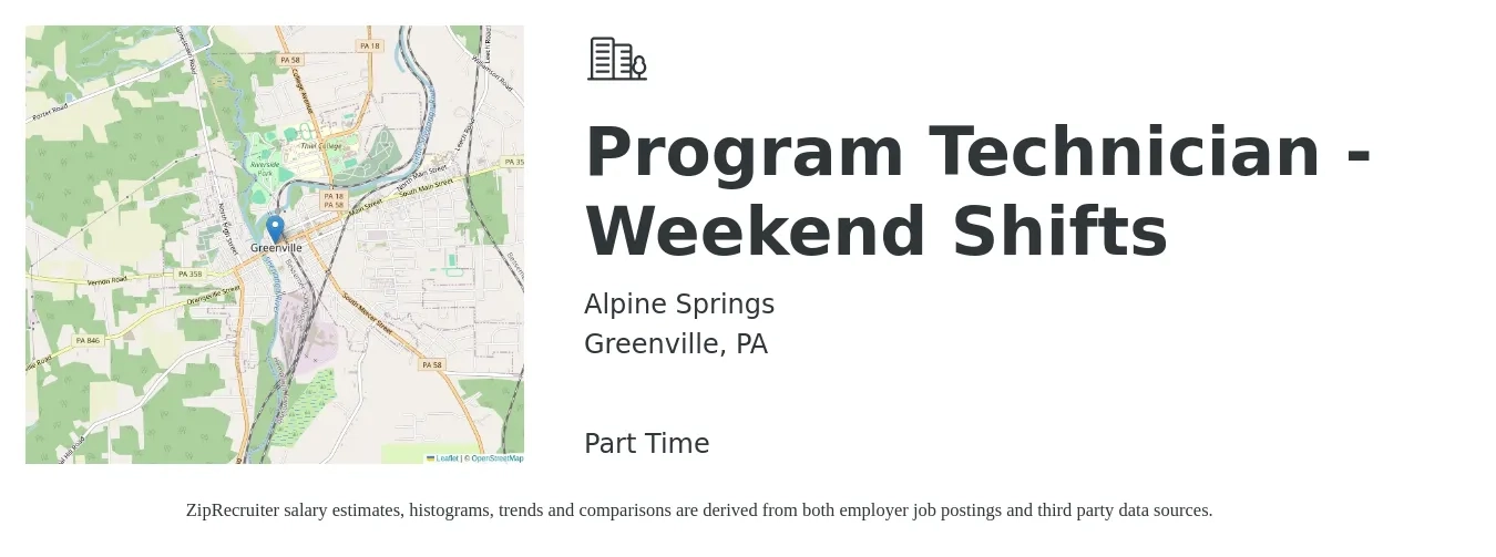 Alpine Springs job posting for a Program Technician - Weekend Shifts in Greenville, PA with a salary of $13 to $18 Hourly with a map of Greenville location.