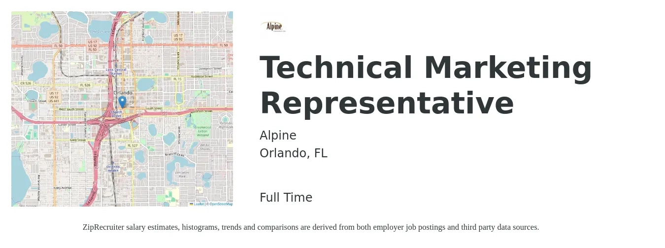 Alpine job posting for a Technical Marketing Representative in Orlando, FL with a salary of $35,500 to $49,900 Yearly with a map of Orlando location.