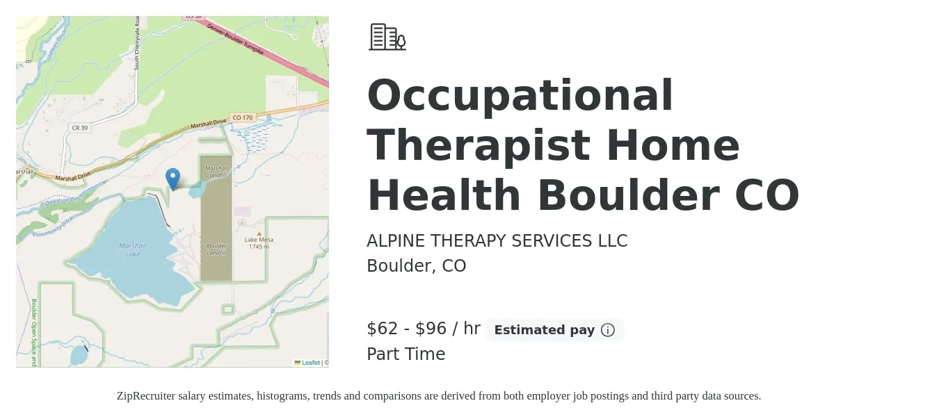 ALPINE THERAPY SERVICES LLC job posting for a Occupational Therapist Home Health Boulder CO in Boulder, CO with a salary of $65 to $100 Hourly with a map of Boulder location.