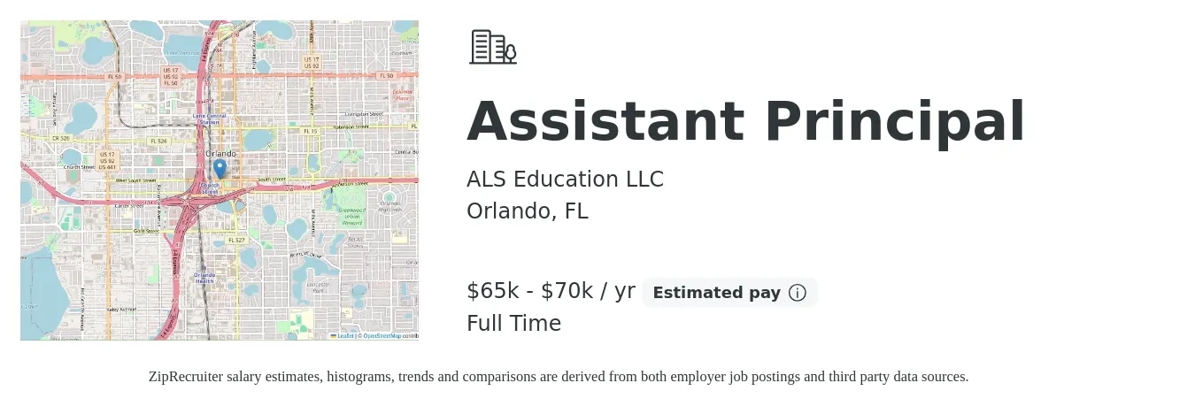 ALS Education LLC job posting for a Assistant Principal in Orlando, FL with a salary of $65,000 to $70,000 Yearly with a map of Orlando location.
