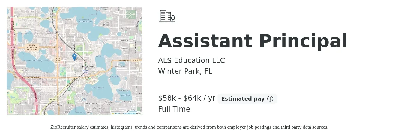 ALS Education LLC job posting for a Assistant Principal in Winter Park, FL with a salary of $58,000 to $64,000 Yearly with a map of Winter Park location.