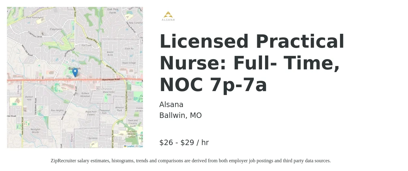Alsana job posting for a Licensed Practical Nurse: Full- Time, NOC 7p-7a in Ballwin, MO with a salary of $28 to $29 Hourly with a map of Ballwin location.