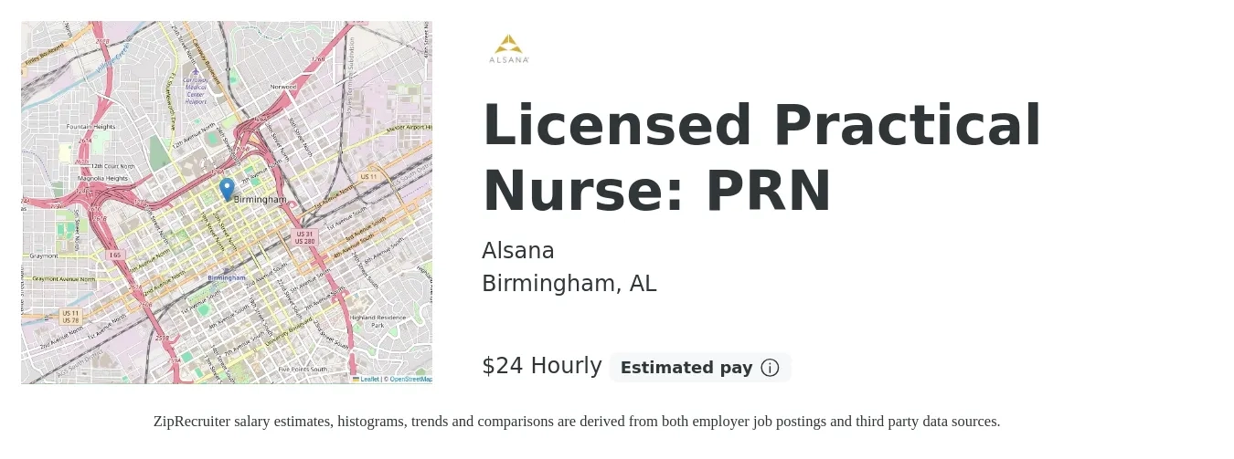 Alsana job posting for a Licensed Practical Nurse: PRN in Birmingham, AL with a salary of $25 Hourly with a map of Birmingham location.