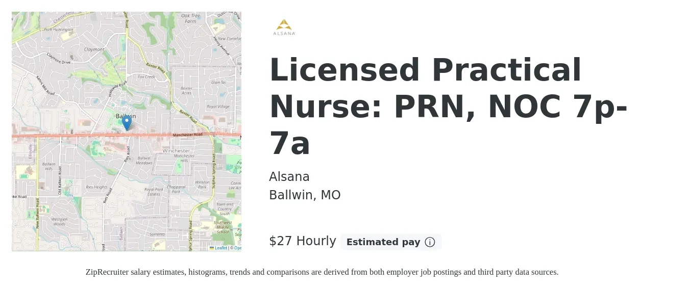 Alsana job posting for a Licensed Practical Nurse: PRN, NOC 7p-7a in Ballwin, MO with a salary of $29 Hourly with a map of Ballwin location.