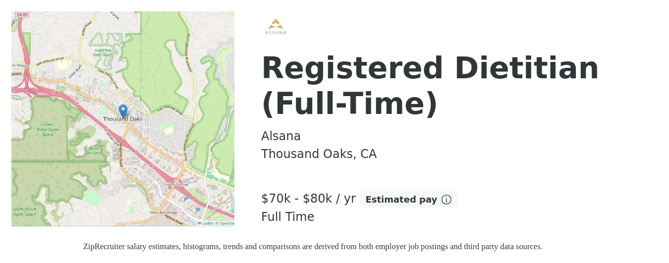 Alsana job posting for a Registered Dietitian (Full-Time) in Thousand Oaks, CA with a salary of $70,000 to $80,000 Yearly with a map of Thousand Oaks location.