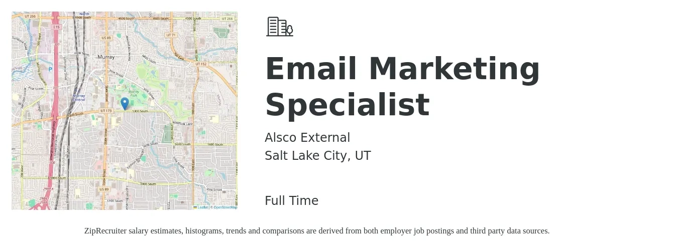 Alsco External job posting for a Email Marketing Specialist in Salt Lake City, UT with a salary of $80,000 Yearly with a map of Salt Lake City location.