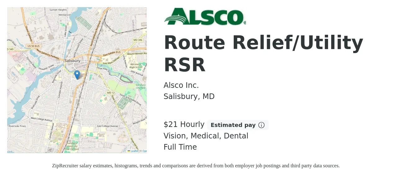 Alsco Inc. job posting for a Route Relief/Utility RSR in Salisbury, MD with a salary of $22 Hourly (plus commission) and benefits including dental, life_insurance, medical, pto, retirement, and vision with a map of Salisbury location.