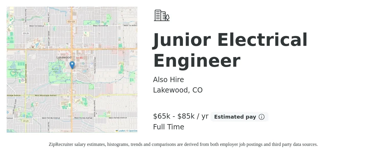 Also Hire job posting for a Junior Electrical Engineer in Lakewood, CO with a salary of $62,000 to $86,500 Yearly with a map of Lakewood location.
