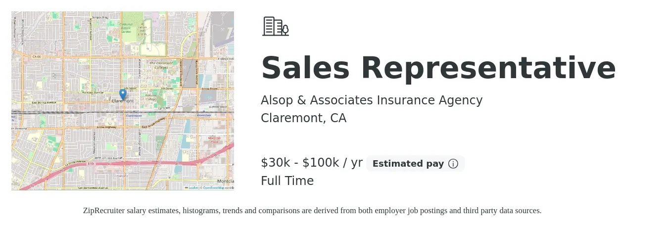 Alsop & Associates Insurance Agency job posting for a Sales Representative in Claremont, CA with a salary of $30,000 to $100,000 Yearly with a map of Claremont location.