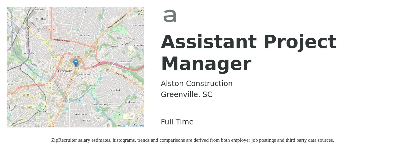 Alston Construction job posting for a Assistant Project Manager in Greenville, SC with a salary of $50,300 to $82,700 Yearly with a map of Greenville location.