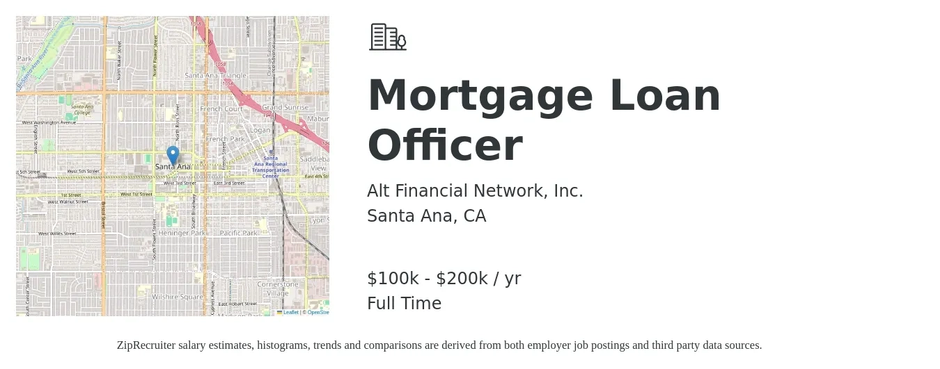 Alt Financial Network, Inc. job posting for a Mortgage Loan Officer in Santa Ana, CA with a salary of $100,000 to $200,000 Yearly with a map of Santa Ana location.