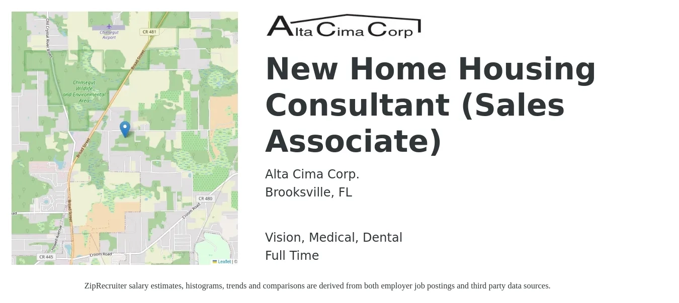 Alta Cima Corp. job posting for a New Home Housing Consultant (Sales Associate) in Brooksville, FL with a salary of $140,900 Yearly and benefits including dental, life_insurance, medical, retirement, and vision with a map of Brooksville location.