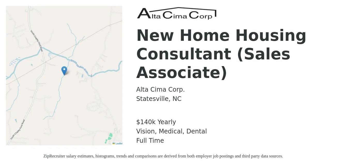 Alta Cima Corp. job posting for a New Home Housing Consultant (Sales Associate) in Statesville, NC with a salary of $31,600 to $56,600 Yearly and benefits including vision, dental, life_insurance, medical, and retirement with a map of Statesville location.